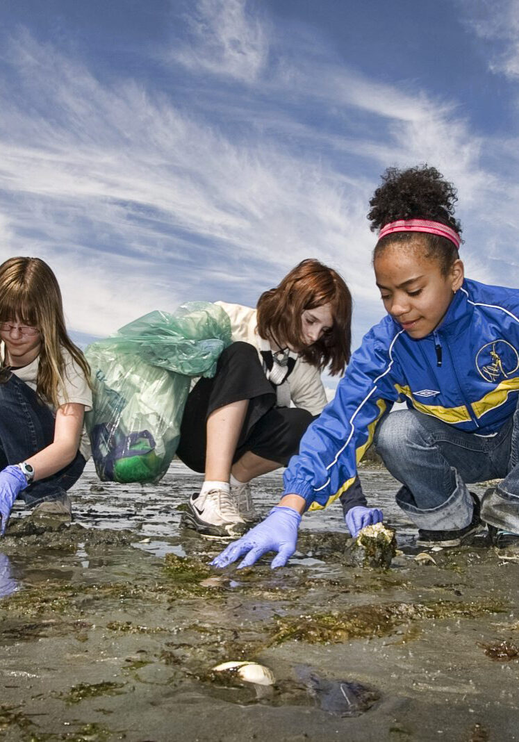 VICTORIA, B.C.: APRIL 22, 2009 -North Saanich Middle School students(left to right)Fiona Kelley, Kali McDougall and Quiana Foster sift through the sand to pick up garbage from Patricia Bay in Victoria, B.C. April  22, 2009.  'Creatures of HabitatÍ Day of Action 2009 is timed with Earth Day. This event involves 700 Grade 6 students from School District #63, as well as over 100 volunteers: high school and university students, seniors, non-profit organizations and corporations. (DARREN STONE, TIMES COLONIST). For City story by Lindsay Kines